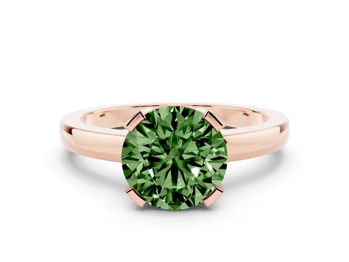 Fancy Green Round Cut Diamond Solitaire Ring Set in Rose gold with Prong Head and Smooth Polished Band