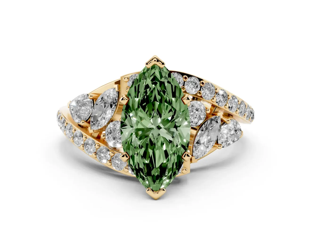 Marquise Bypass Pavé Engagement Ring Setting for a Fancy Green Lab-Grown Diamond | Yellow Gold