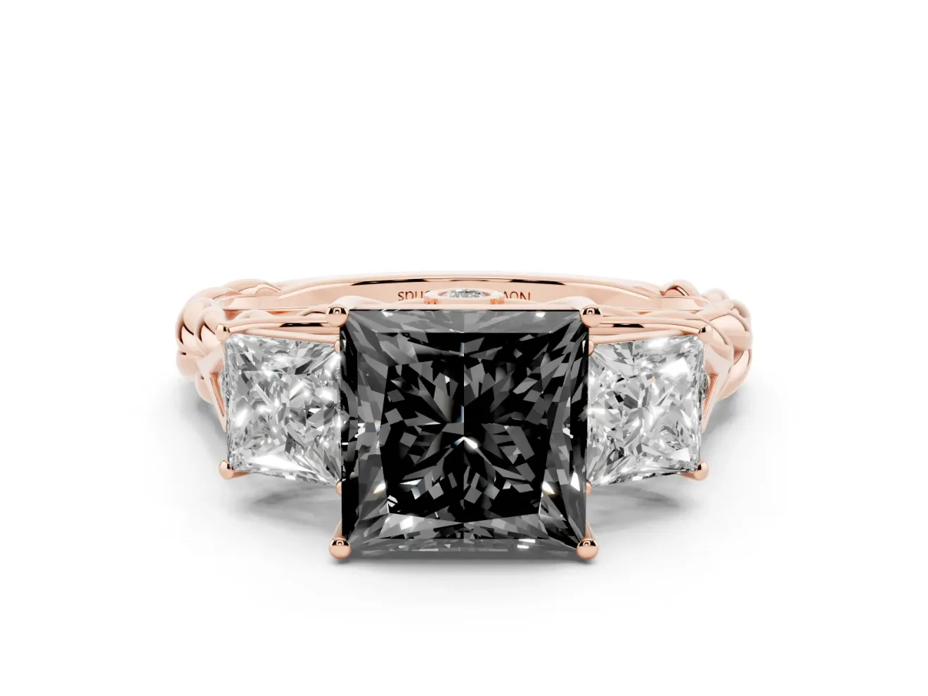 Princess Cut Three Stone Engagement Ring Setting for a Black Center | Braided Band | Rose Gold