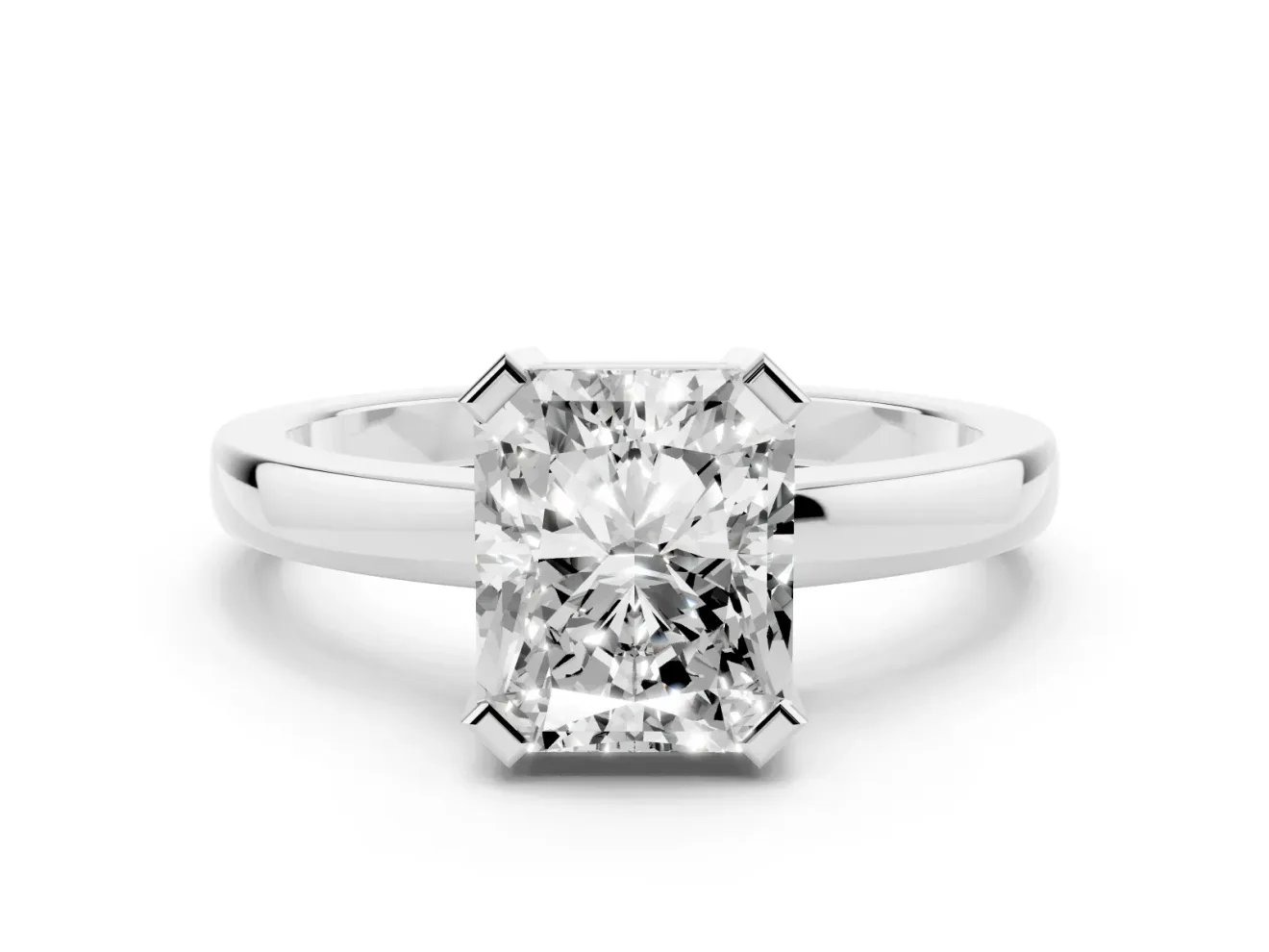 Radiant Cut Diamond Solitaire Ring Set in Platinum with Prong Head and Smooth Polished Band