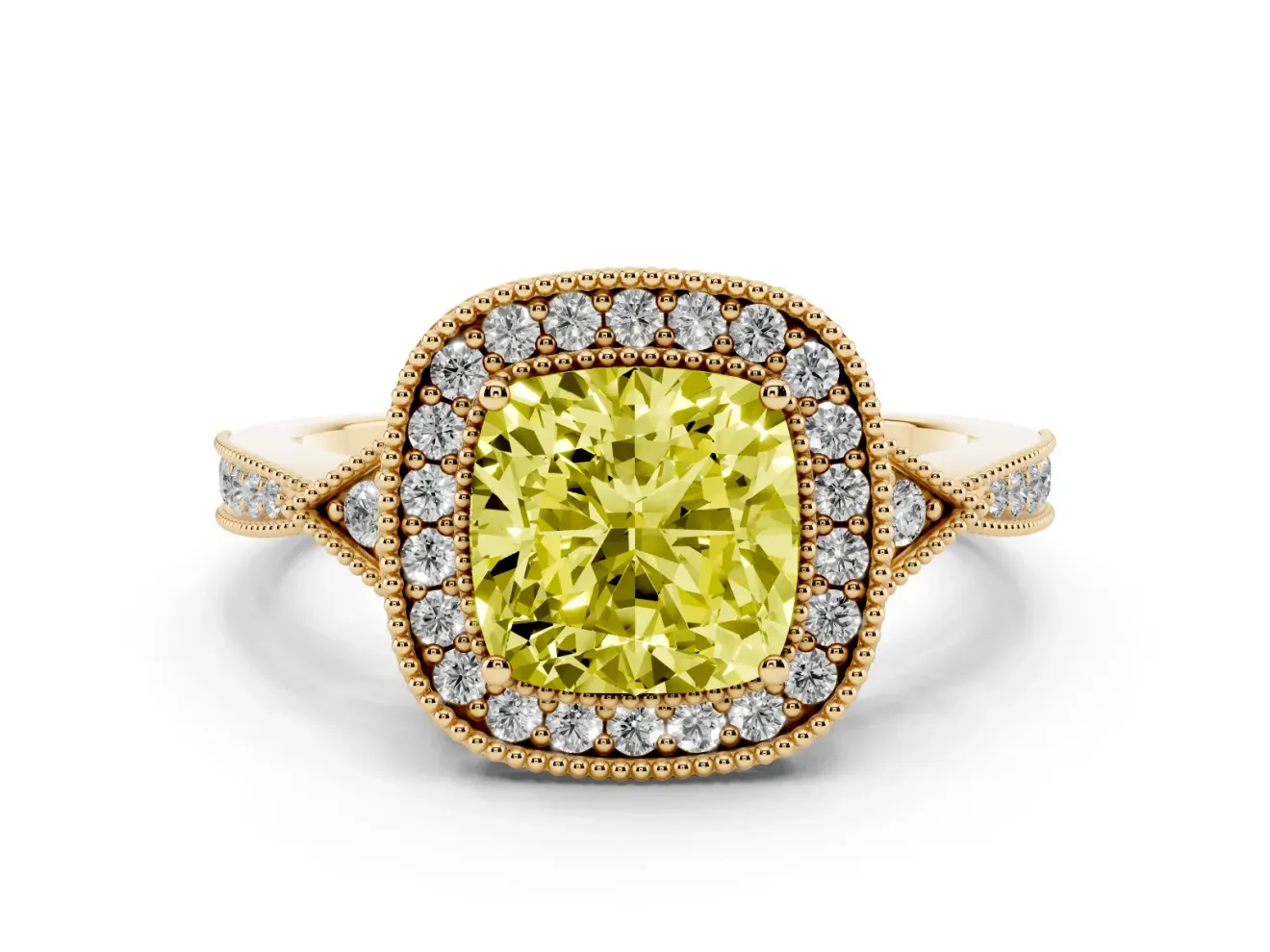 Fancy Yellow Cushion Cut Diamond Halo Engagement Ring Set in Yellow gold with Milgrain Pavé Band