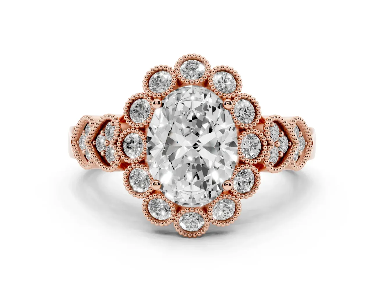 Oval Vintage Scalloped Milgrain Halo Engagement Ring Setting | Heart Pavé Band | Rose Gold