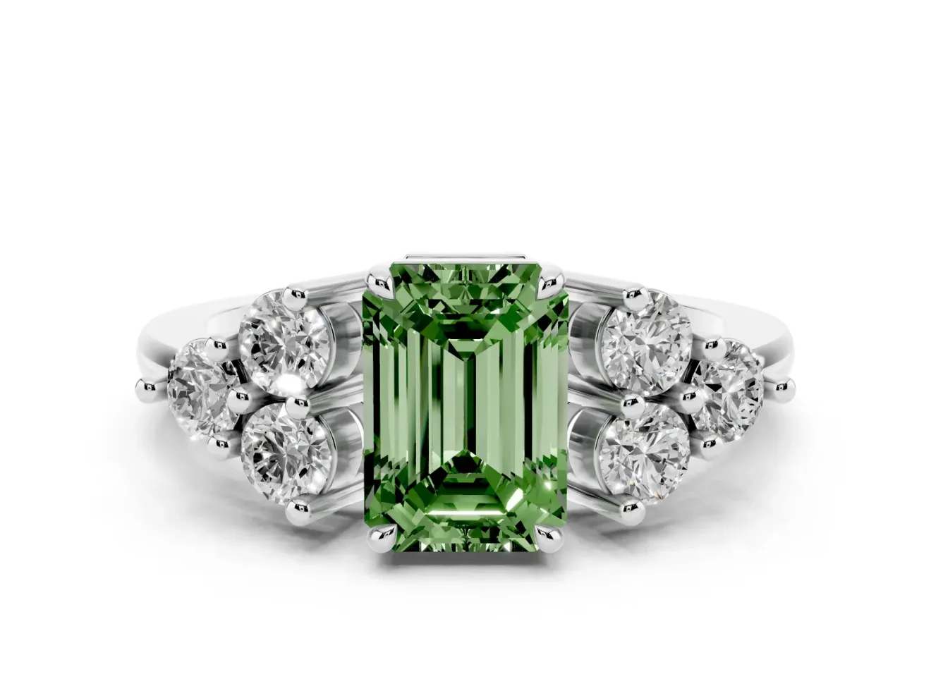Fancy Green Emerald Cut Diamond Solitaire Ring Set in Silver with Cluster Accents on Each Side