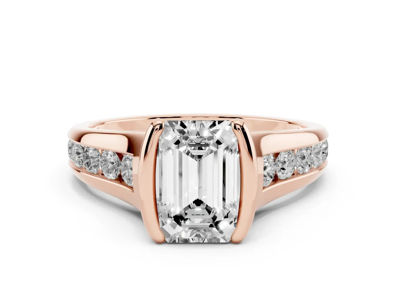Emerald Cut Half Bezel Solitaire Engagement Ring Setting | Graduated Channel Band | Rose Gold