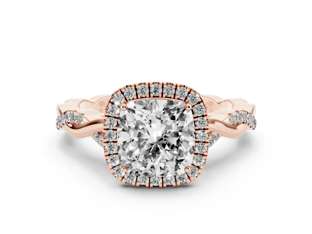 Cushion Cut Halo Engagement Ring Setting | Pavé Twist Band | Rose Gold