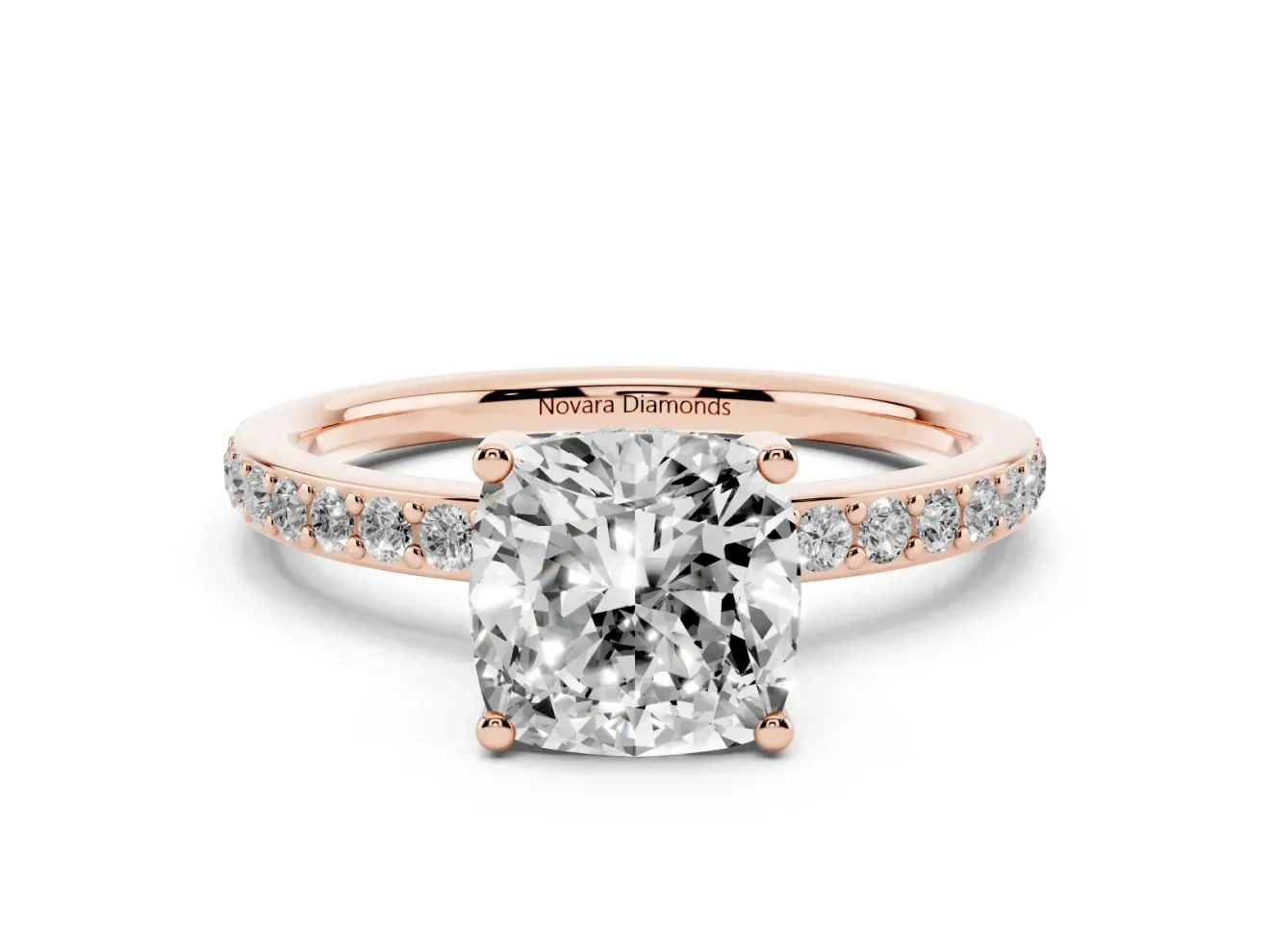 Cushion Cut Diamond Pavé Band Ring Set in Rose gold with Prong-Set Center Stone
