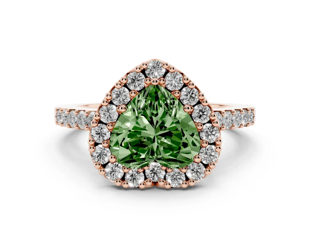 Fancy Green Heart Cut Diamond Halo Pavé Solitaire Ring Set in Rose gold with Prong-Set Center Stone