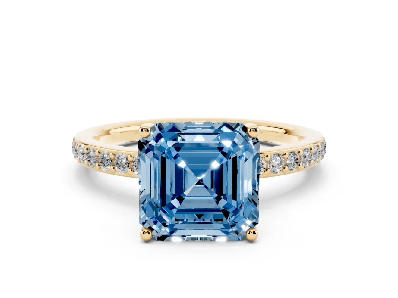 Fancy Blue Asscher Cut Diamond Pavé Band Ring Set in Yellow gold with Prong-Set Center Stone