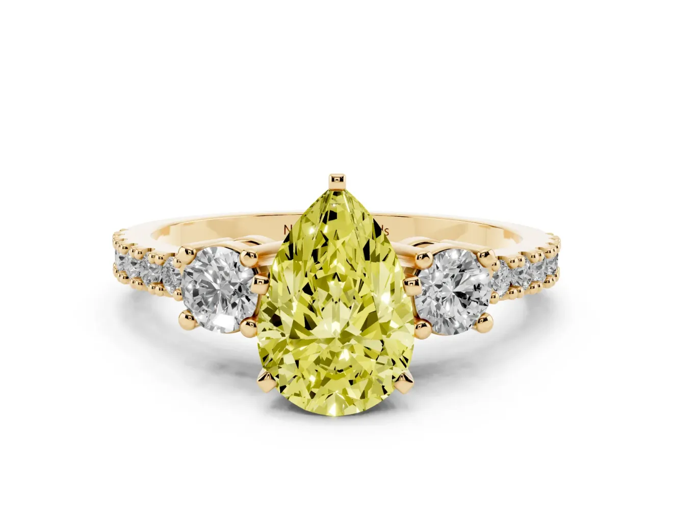 Fancy Yellow Three-Stone Pear Cut Diamond Pavé Band Ring Set in Yellow gold with Prong Setting