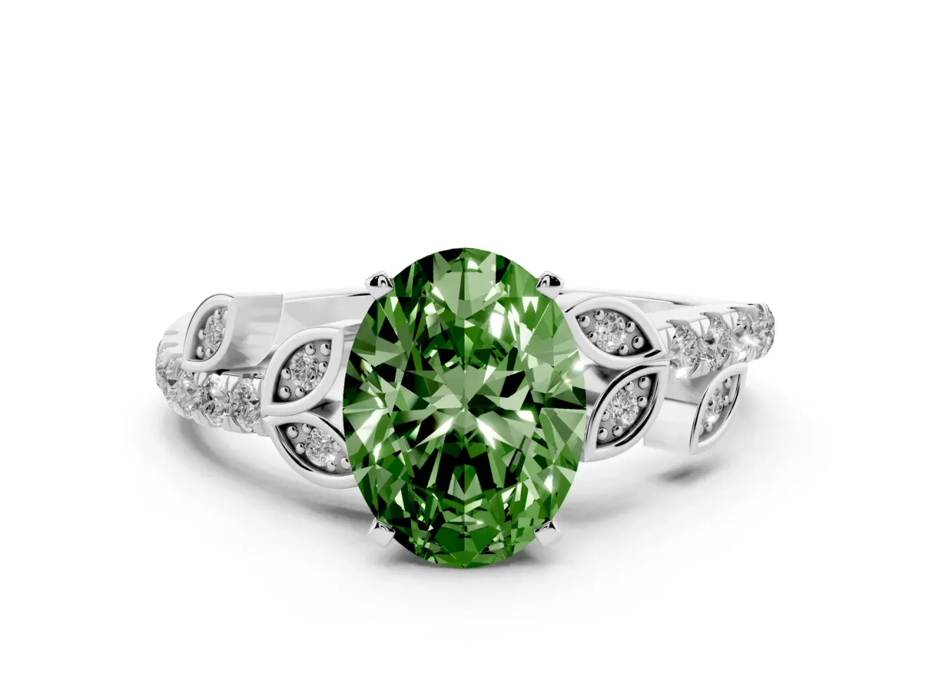 Fancy Green Oval Cut Diamond Solitaire Leaf-Inspired Ring Set in White gold with Pavé Band and Prong Setting