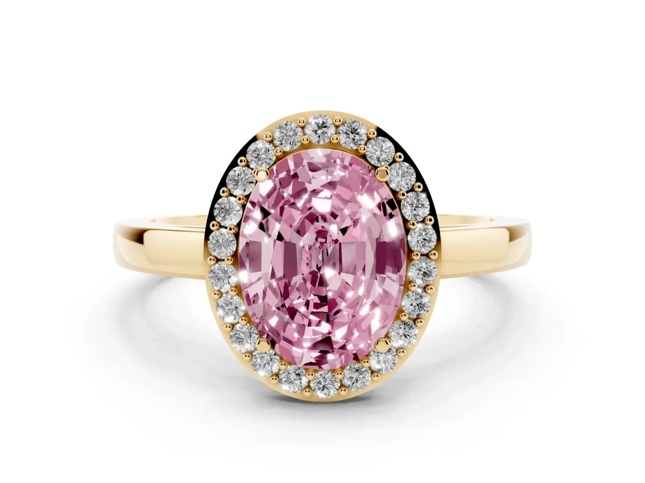 Fancy Pink Oval Cut Diamond Halo Ring Set in Yellow gold with Solitaire Band and Prong Setting