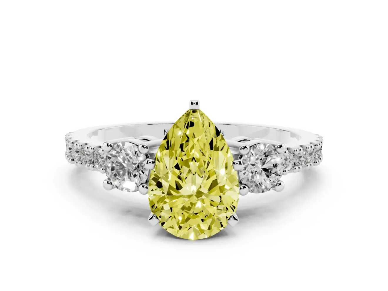 Fancy Yellow Three-Stone Pear Cut Diamond Pavé Band Ring Set in Platinum with Prong Setting