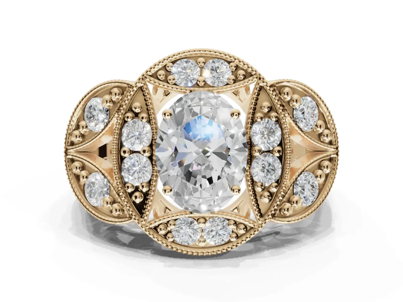 Heart-Shaped Vintage Floral Halo Engagement Ring Setting | Engraved Milgrain Band | Yellow Gold