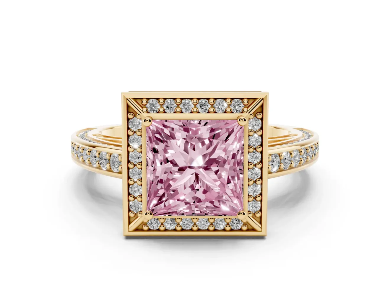 Fancy Pink Princess Cut Diamond Halo Pavé Split Shank Ring Set in Yellow gold with Prong Setting