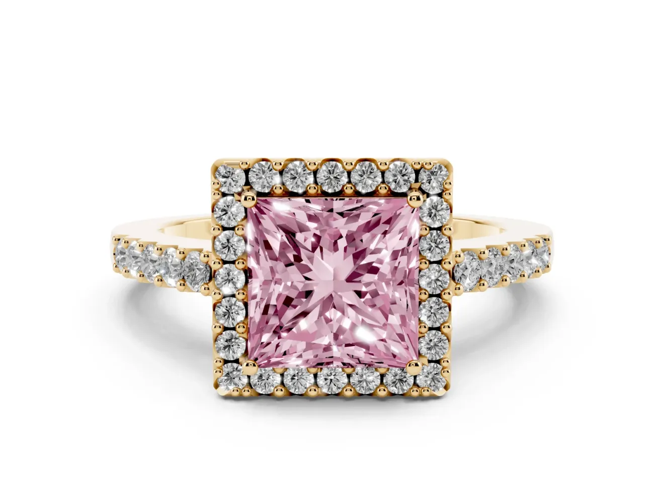 Fancy Pink Princess Cut Diamond Halo Pavé Solitaire Ring Set in Yellow gold with Prong-Set Center Stone