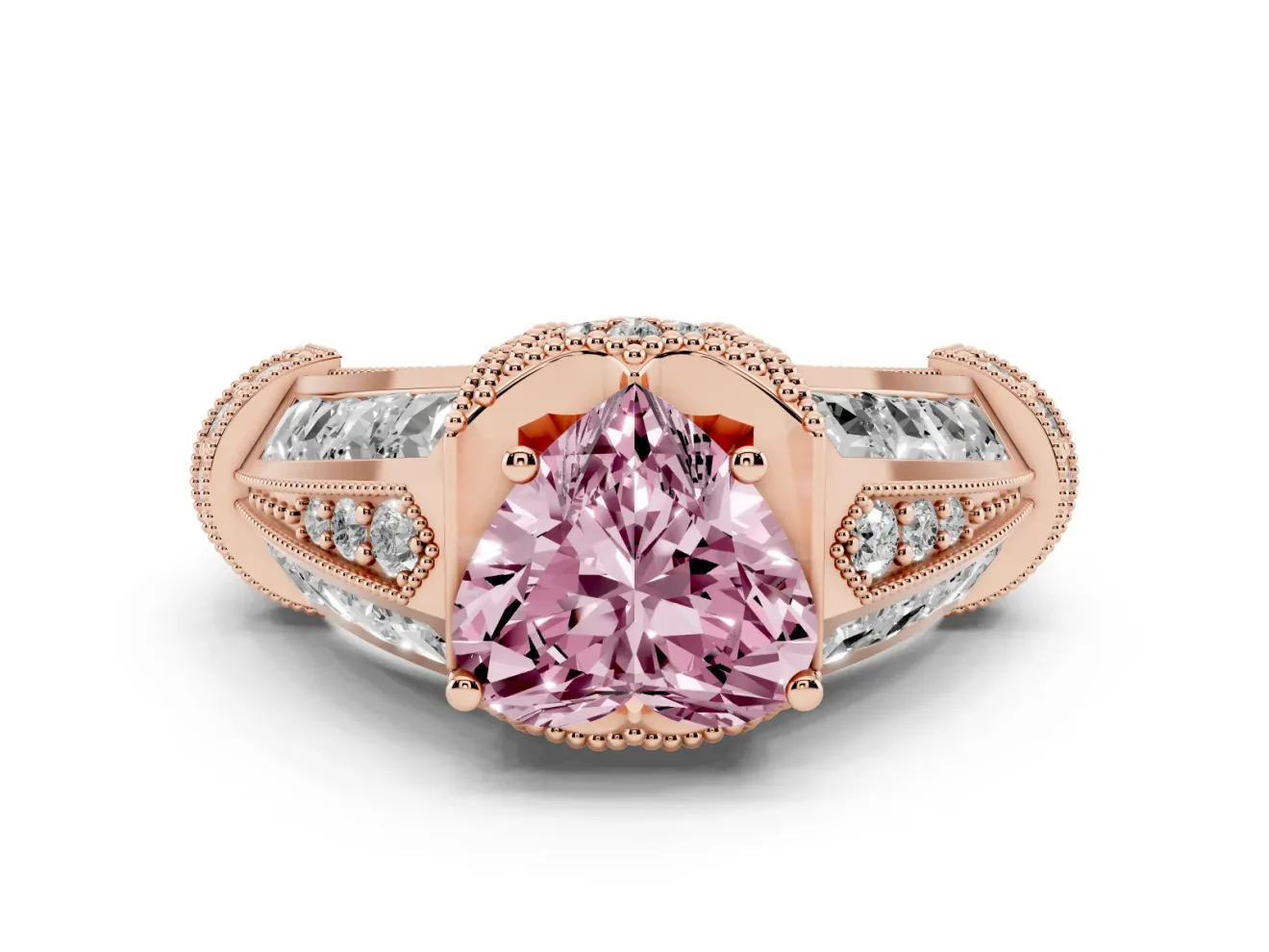 Fancy Pink Heart Cut Diamond Vintage-Inspired Milgrain Ring Set in Rose gold with Accent Split Shank
