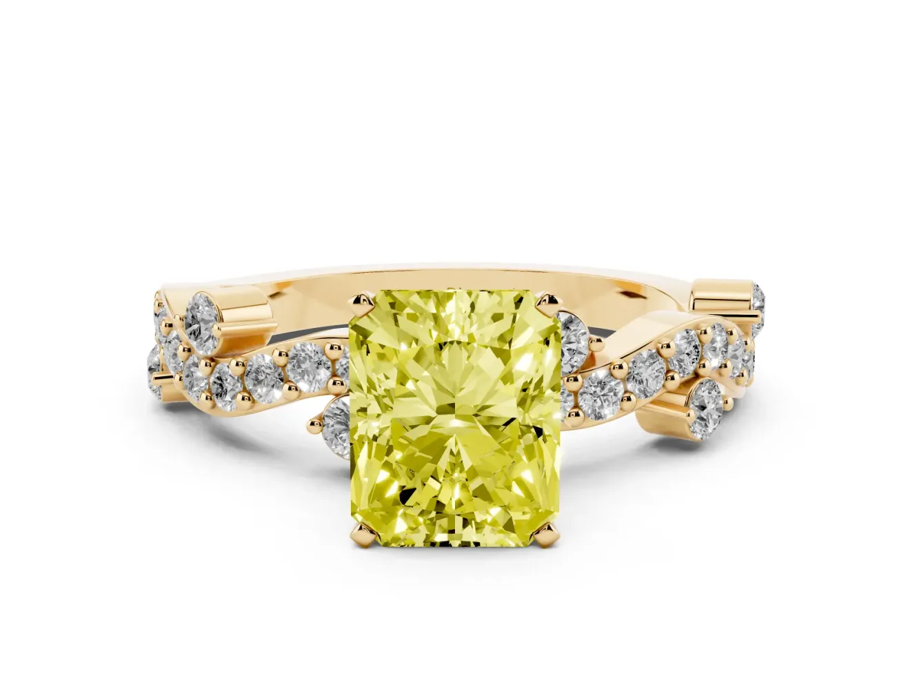 Radiant Cut Twisted Pavé Engagement Ring Setting for a Fancy Yellow Lab-Grown Diamond | Bar Stations | Yellow Gold