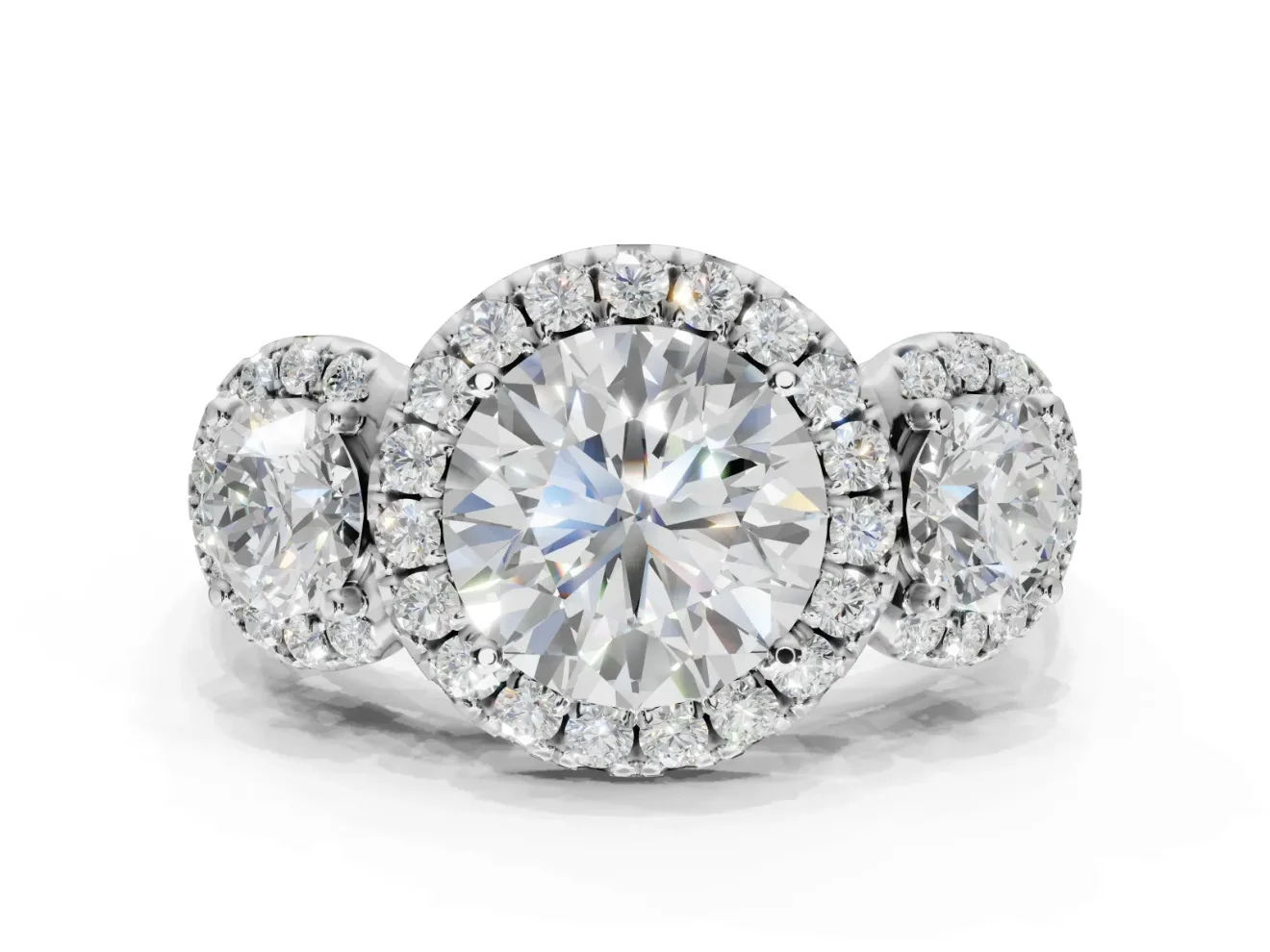 Round Three Stone Halo Engagement Ring Setting | Haloed Side Stones | Sterling Silver