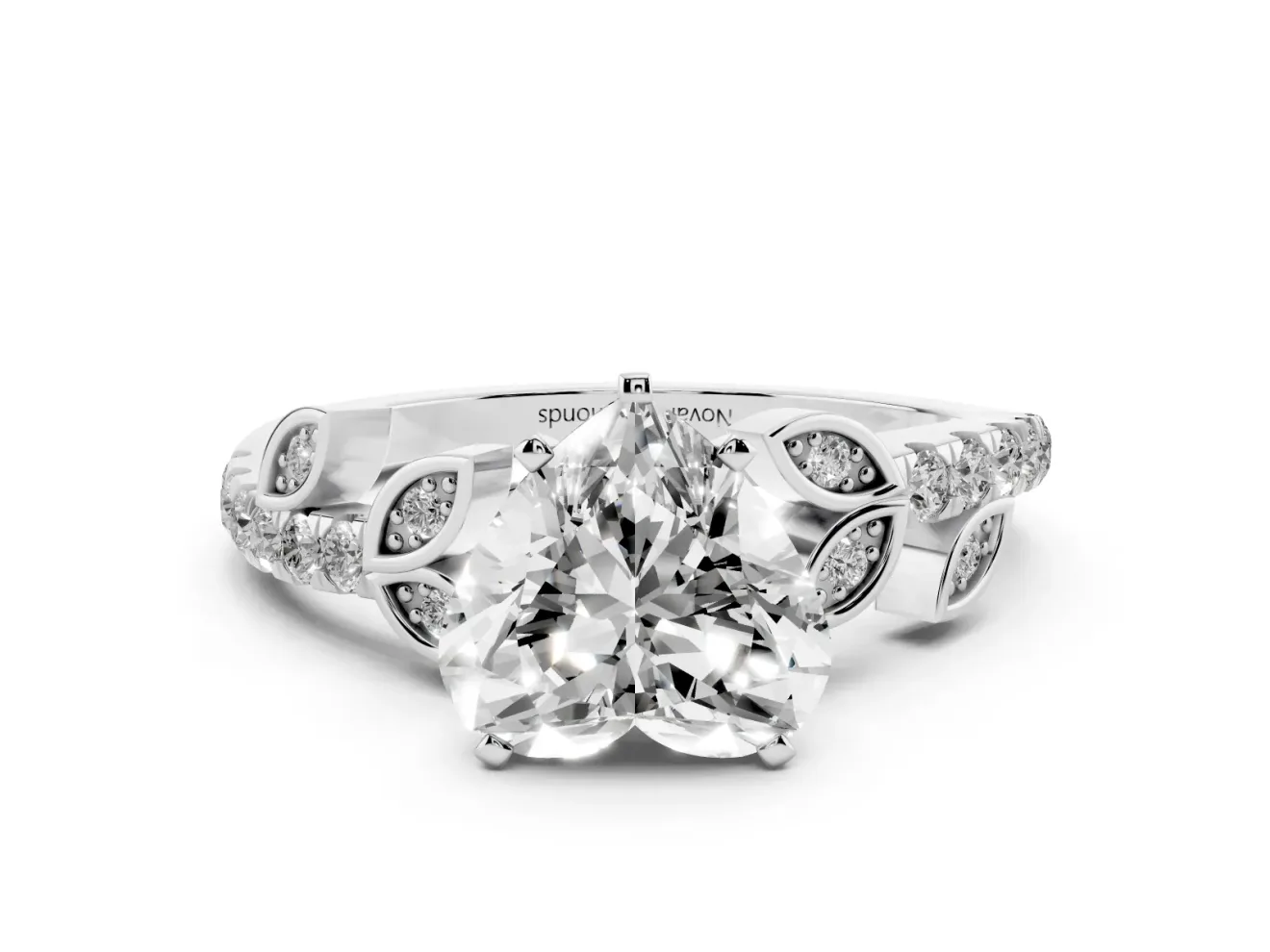 Heart-Shaped Leaf Pavé Engagement Ring Setting | Leaf Motif Shoulders | White Gold