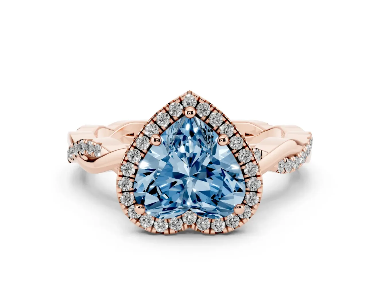 Fancy Blue Heart Cut Diamond Halo Twisted Band Ring Set in Rose gold with Prong Setting