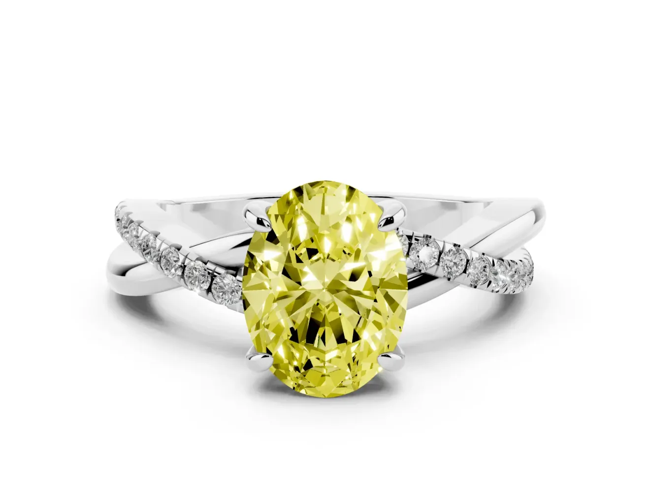 Fancy Yellow Oval Cut Diamond Twist Band Solitaire Set in Platinum with Pavé Accents and Prong Setting