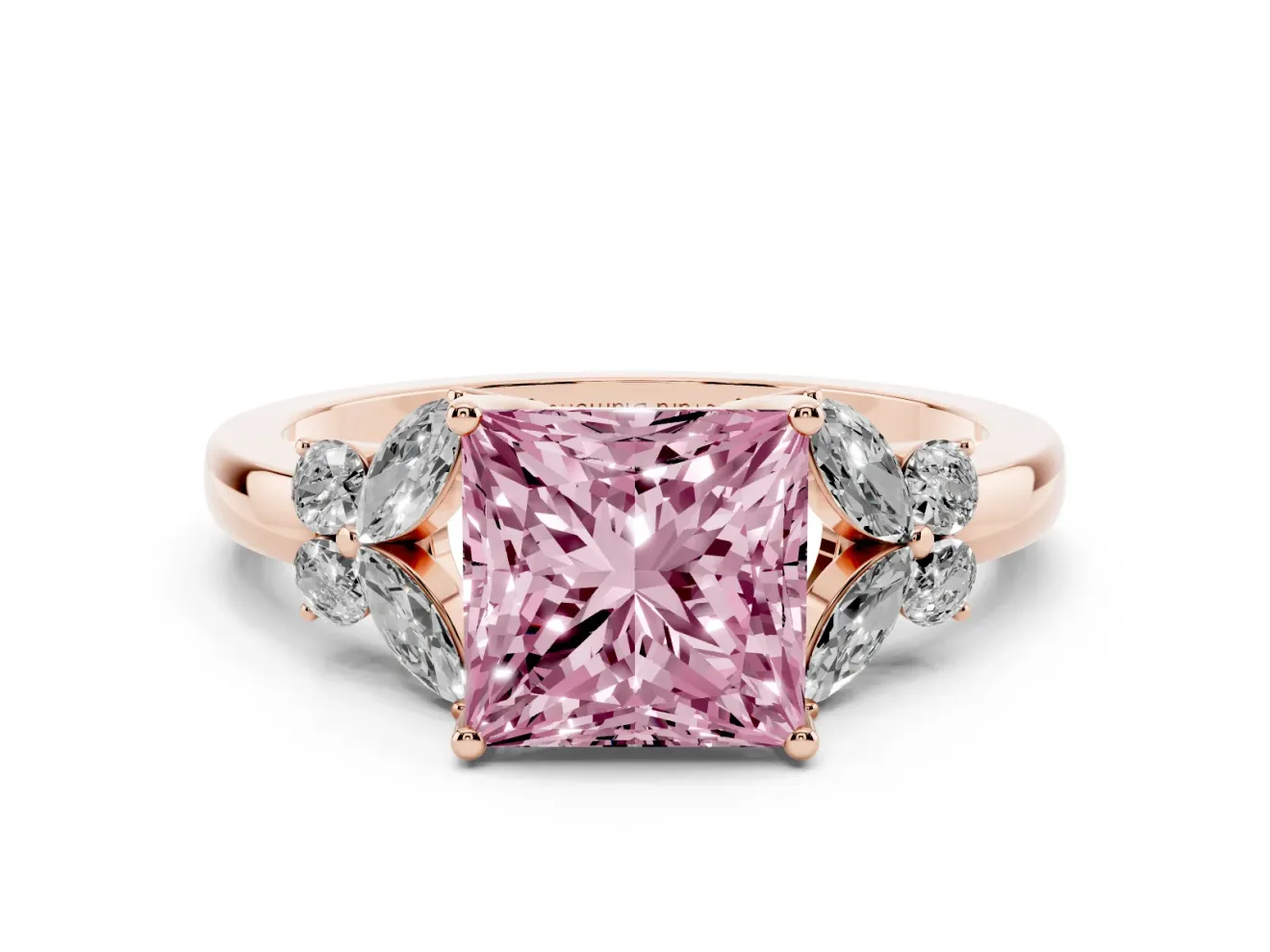 Fancy Pink Princess Cut Diamond Solitaire Floral Ring Set in Rose gold with Marquise Petals and Prong Setting