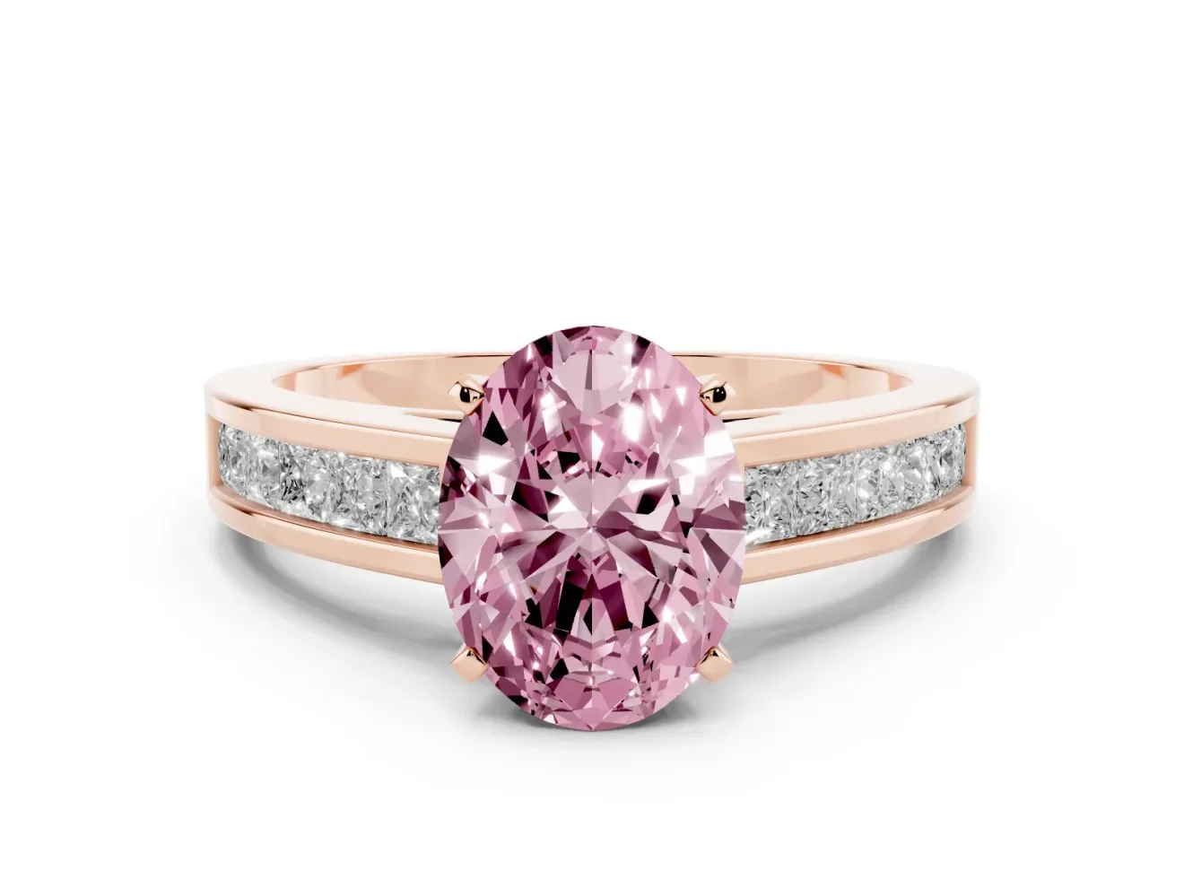 Fancy Pink Oval Cut Diamond Solitaire Ring Set in Rose gold with Channel-Set Band and Prong Setting