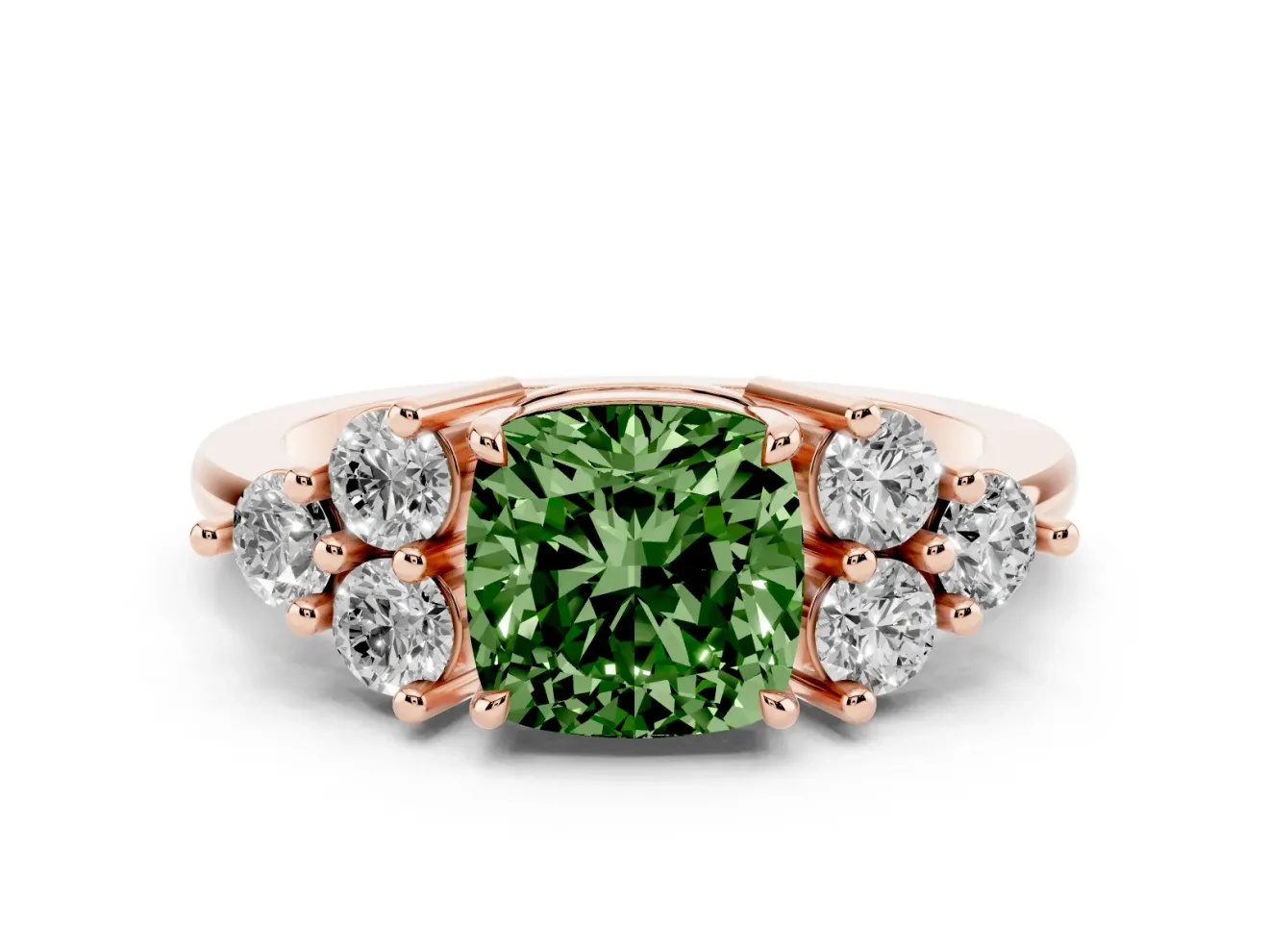 Cushion Cut Cluster Side Stone Engagement Ring Setting for a Fancy Green Lab-Grown Diamond | Plain Band | Rose Gold