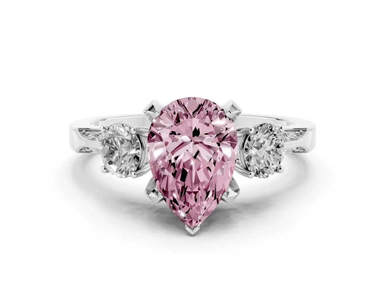 Pear-Shaped Hidden Halo Three Stone Engagement Ring Setting for a Fancy Pink Lab-Grown Diamond | Pave Gallery | Platinum