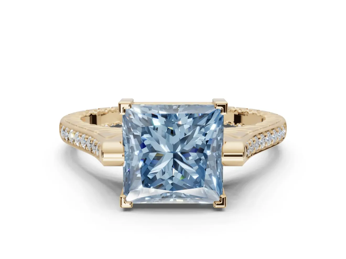 Princess Cut Vintage Cathedral Engagement Ring Setting for a Fancy Blue Lab-Grown Diamond | Carved Band | Yellow Gold
