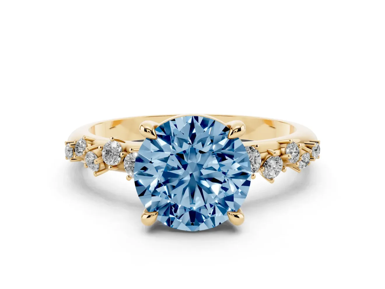 Fancy Blue Round Cut Diamond Solitaire Vine Band Ring Set in Yellow gold with Round Accents and Prong Setting