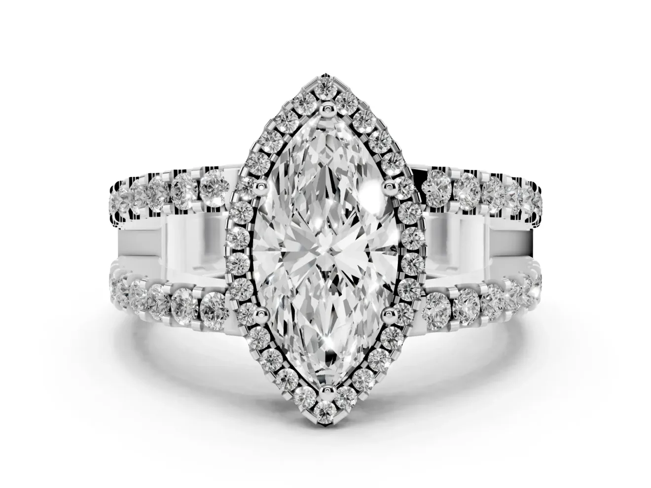 Marquise Cut Diamond Halo Ring Set in Silver with Pavé Split Shank and Prong Setting