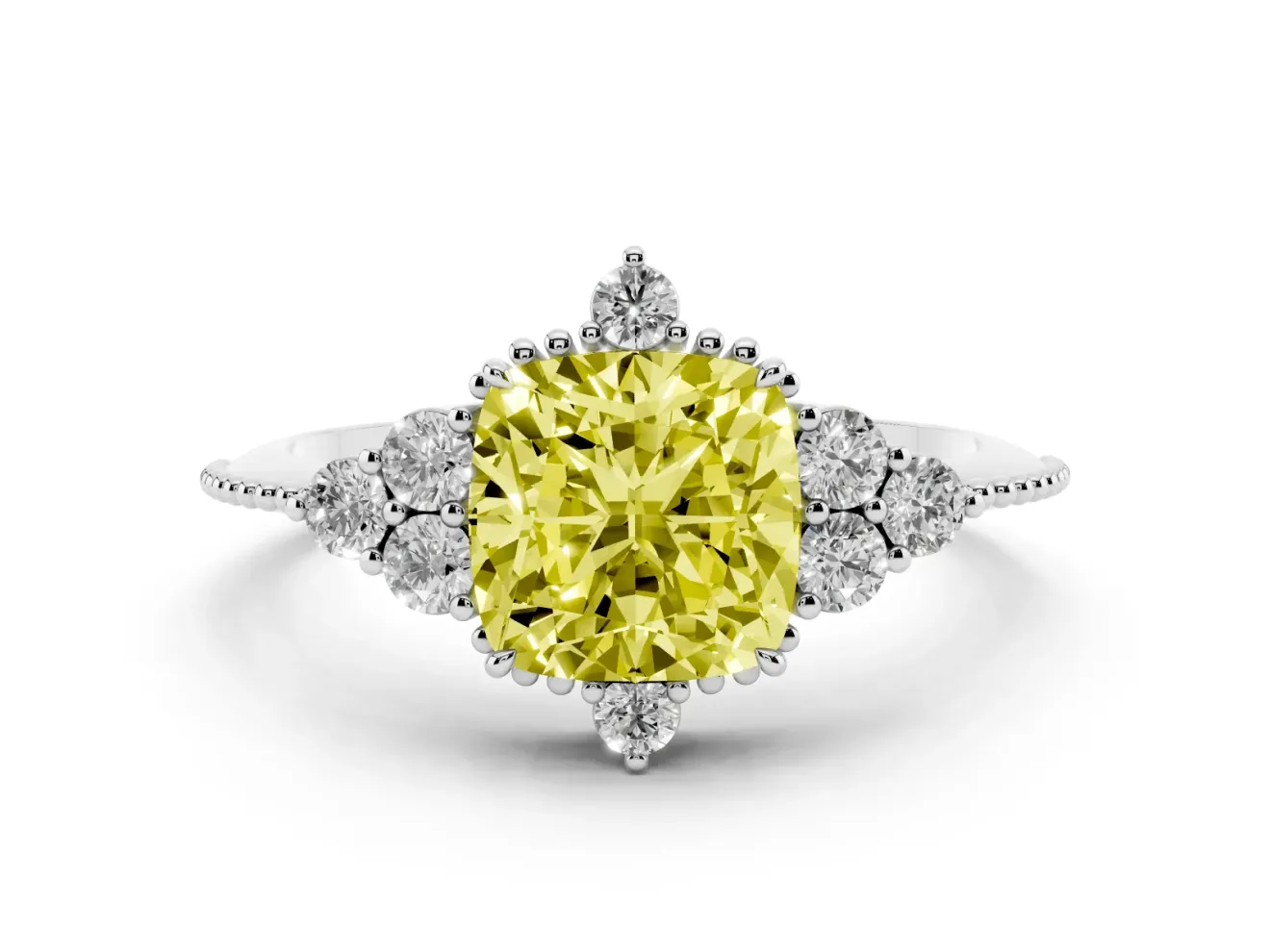 Cushion Cut Cluster Engagement Ring Setting for a Fancy Yellow Lab-Grown Diamond | Beaded Edges | Sterling Silver