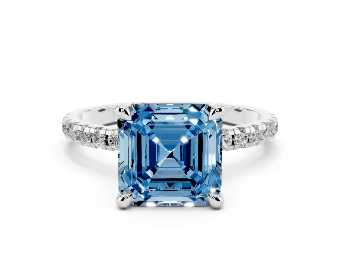 Fancy Blue Asscher Cut Diamond Brilliant Solitaire Ring Set in Silver with Pavé Band and Prong Setting