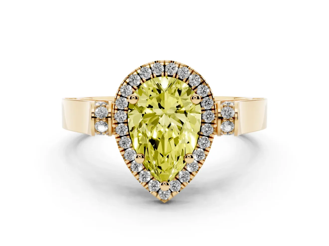 Pear-Shaped Halo Engagement Ring Setting for a Fancy Yellow Lab-Grown Diamond | Pavé Panel Shoulders | Yellow Gold