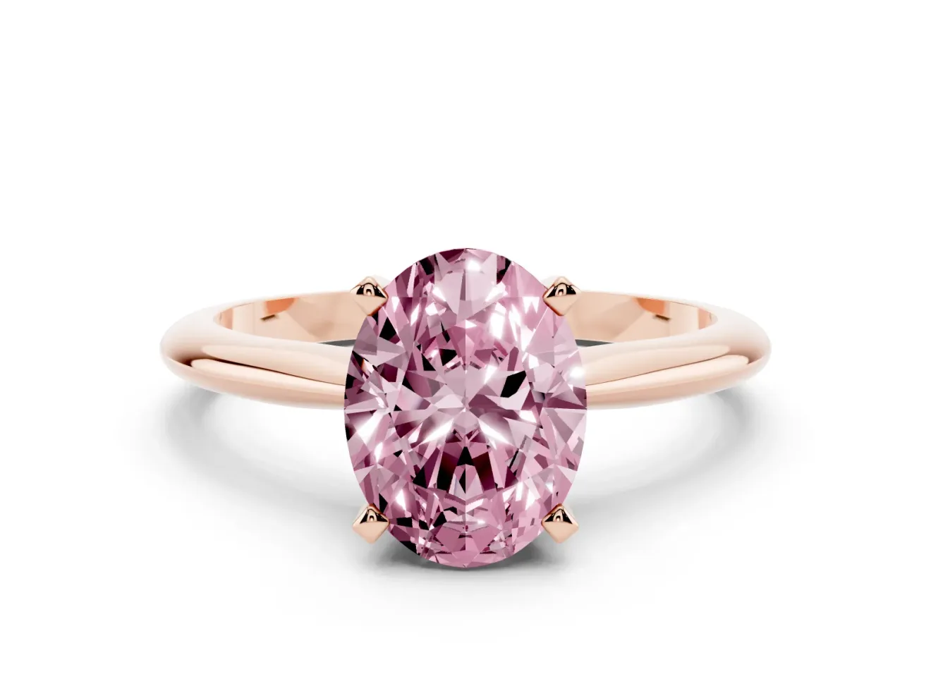 Fancy Pink Oval Cut Diamond Solitaire Ring Set in Rose gold with Prong Setting on a Plain Round Band