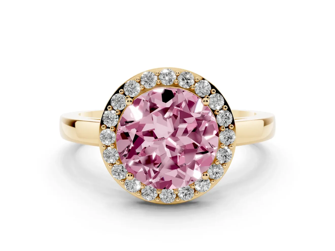 Fancy Pink Round Cut Diamond Halo Ring Set in Yellow gold with Solitaire Band and Prong Setting
