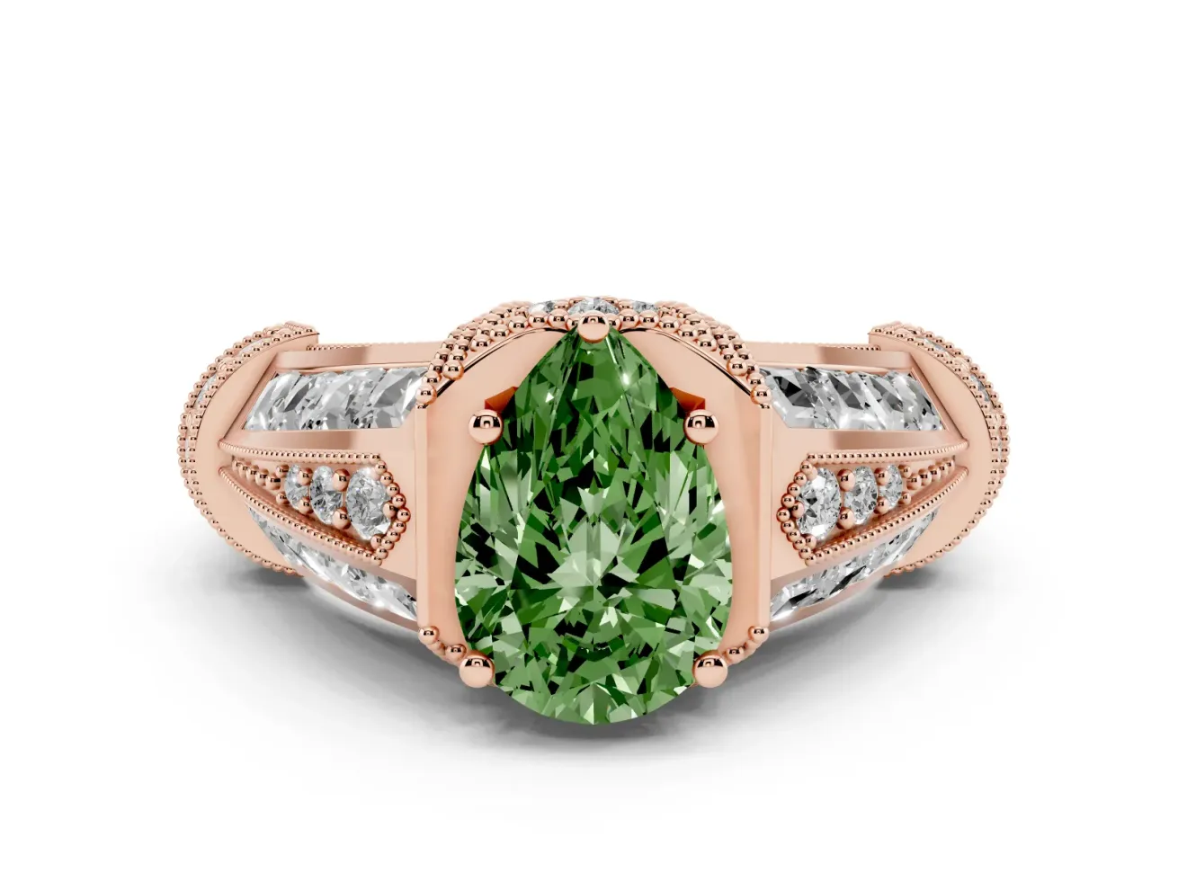 Pear-Shaped Vintage Milgrain Engagement Ring Setting for a Fancy Green Lab-Grown Diamond | Hidden Halo | Rose Gold
