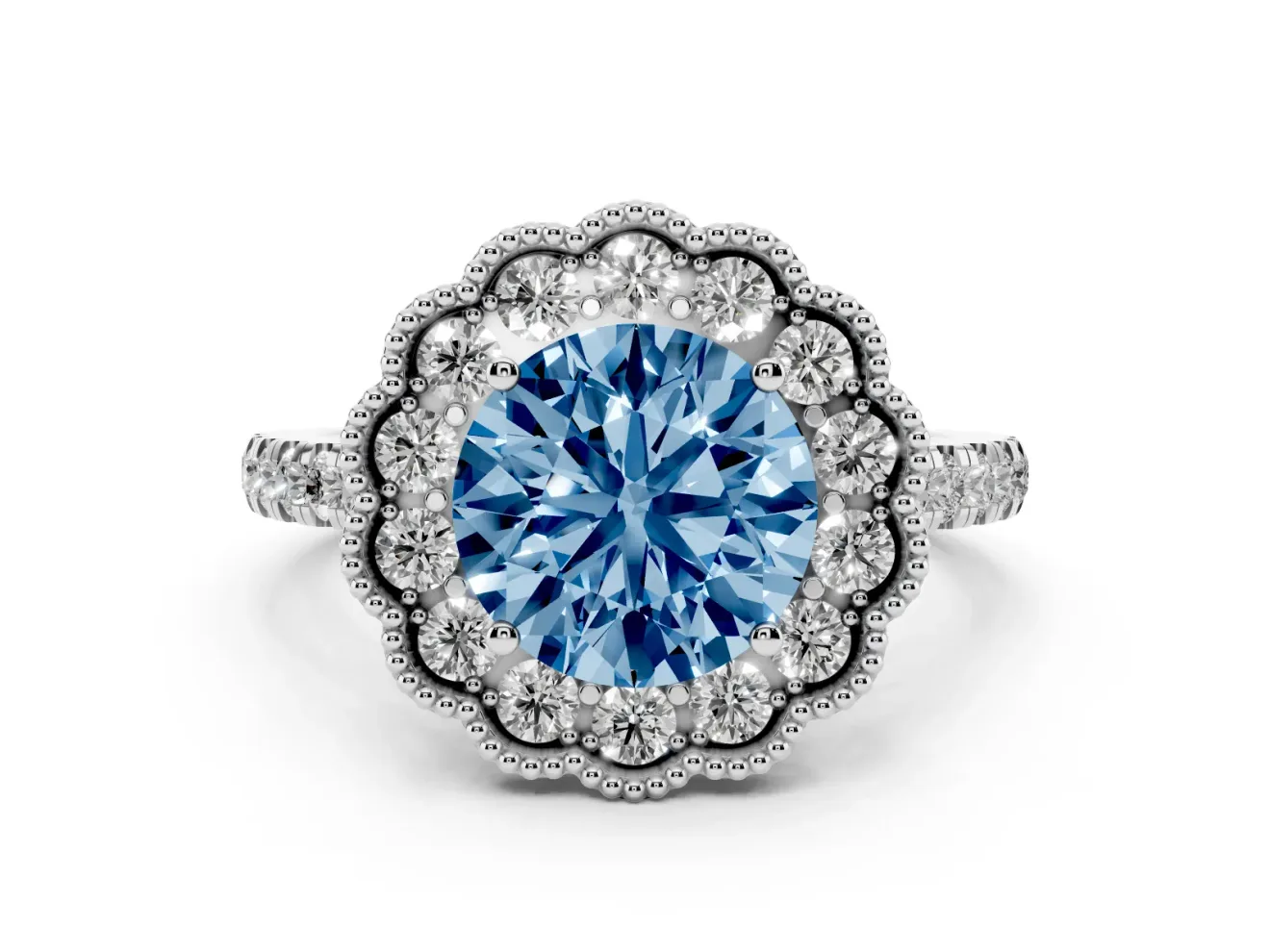 Fancy Blue Round Cut Diamond Milgrain Floral Halo Engagement Ring Set in White gold with Pavé Band
