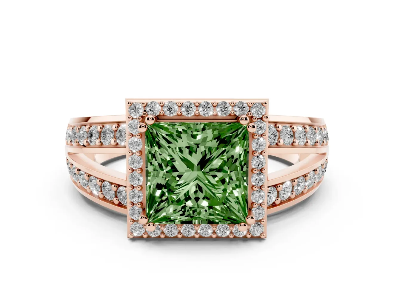 Princess Cut Halo Engagement Ring Setting for a Fancy Green Lab-Grown Diamond | Two-Row Pave Split Shank | Rose Gold