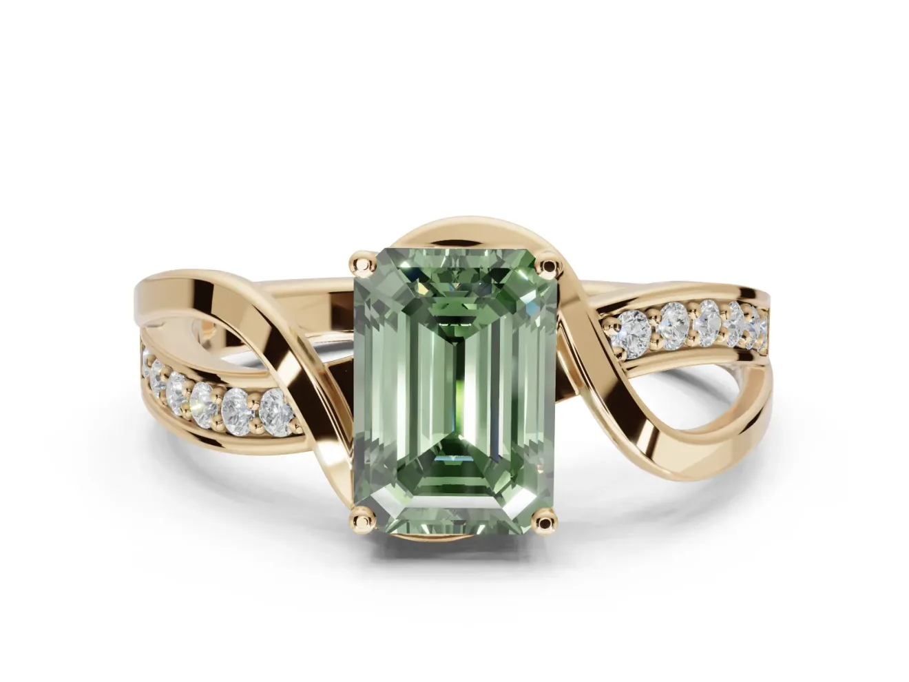 Emerald Cut Bypass Solitaire Engagement Ring Setting for a Fancy Green Lab-Grown Diamond | Pavé Strands | Yellow Gold