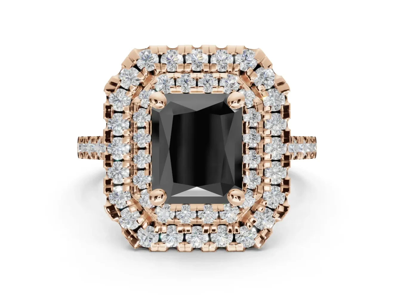 Radiant Cut Double Halo Engagement Ring Setting for a Black Center | Pavé Shoulders | Rose Gold