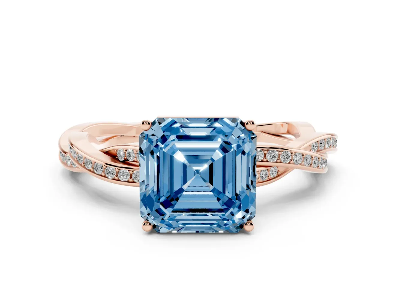 Fancy Blue Asscher Cut Diamond Solitaire Twisted Pavé Ring Set in Rose gold with Prong Setting