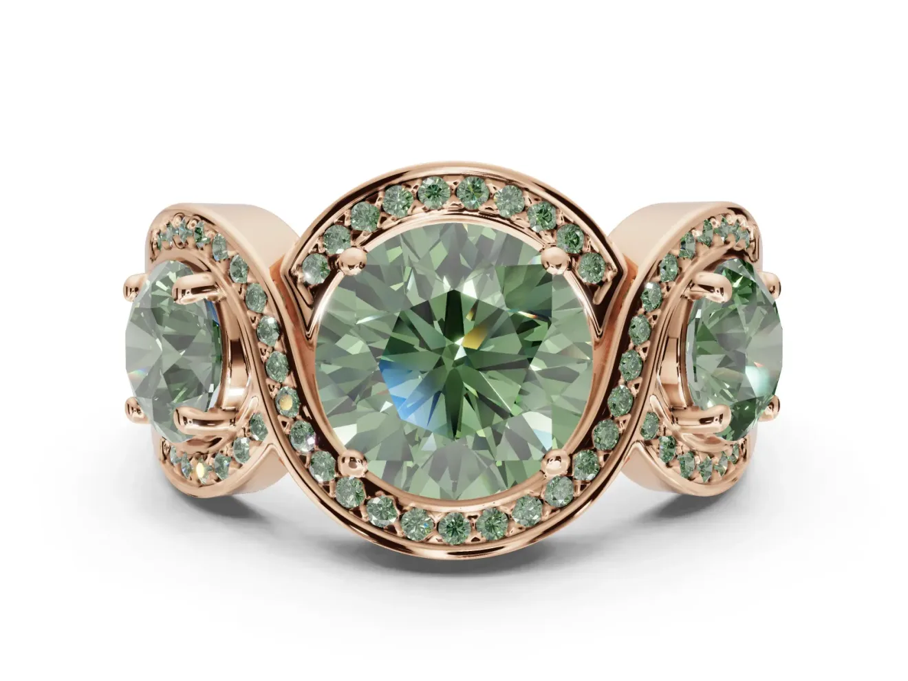 Round Three Stone Halo Engagement Ring Setting for a Fancy Green Lab-Grown Diamond | Pavé Wave Band | Rose Gold