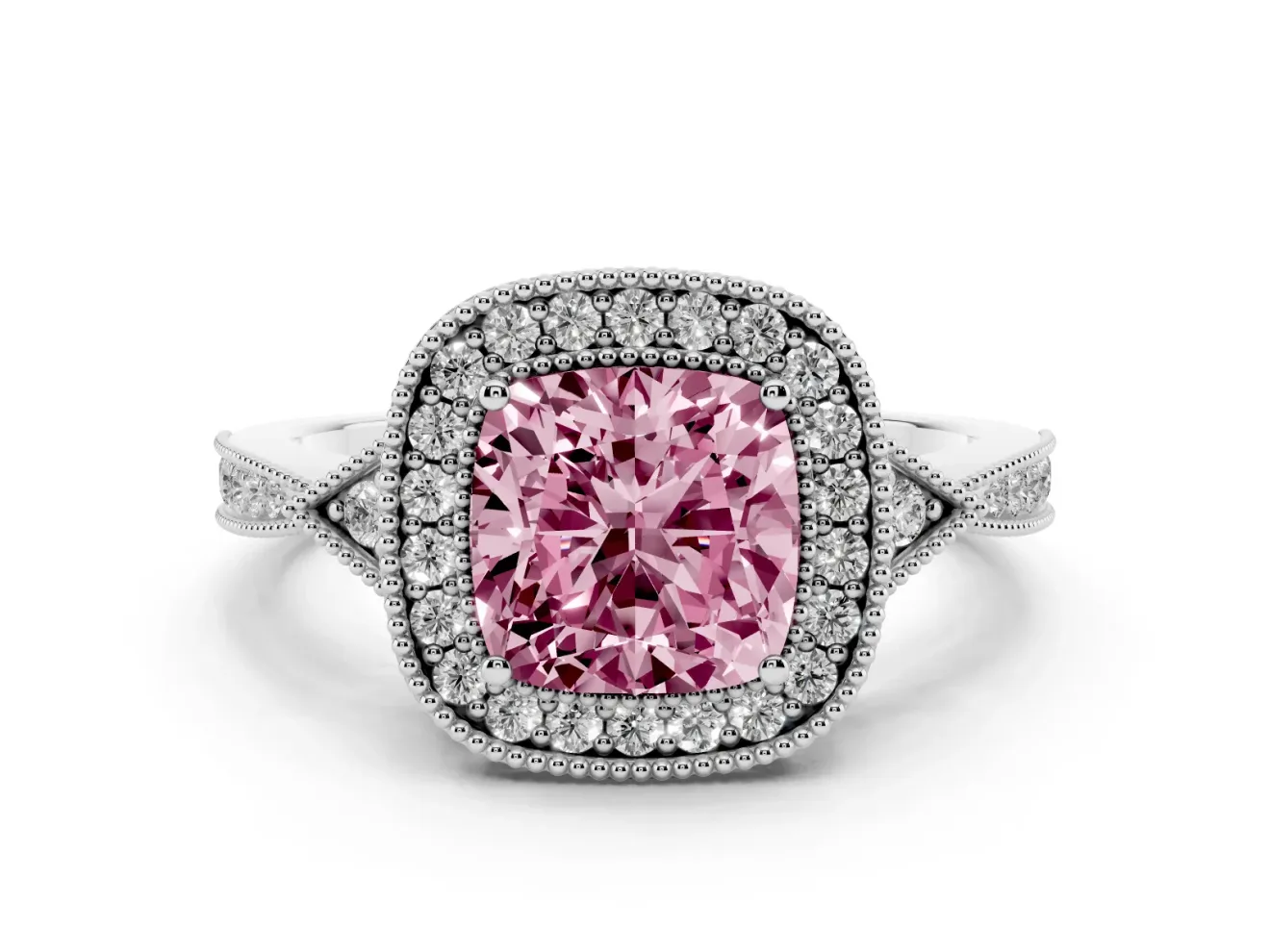 Fancy Pink Cushion Cut Diamond Halo Engagement Ring Set in Platinum with Milgrain Pavé Band