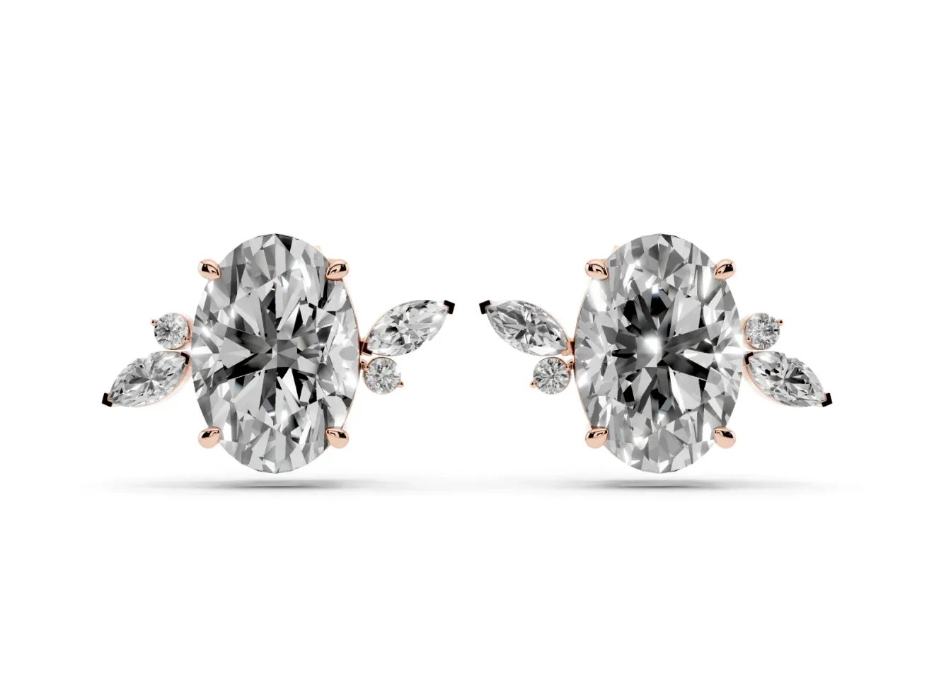 Oval Lab-Grown Diamond Nature Stud Earrings | Marquise Leaves | Rose Gold