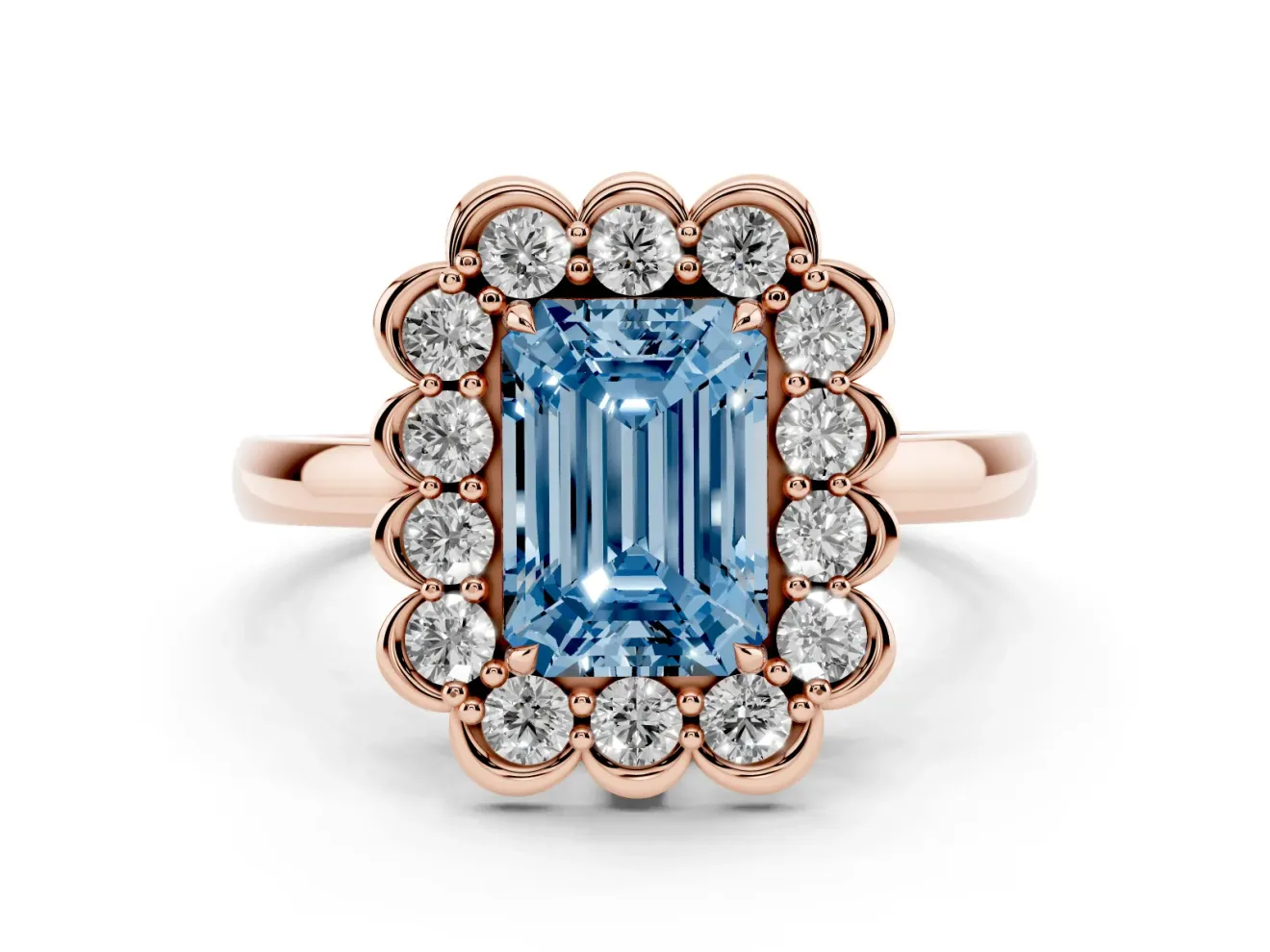 Emerald Cut Scalloped Cluster Halo Engagement Ring Setting for a Fancy Blue Lab-Grown Diamond | Plain Band | Rose Gold