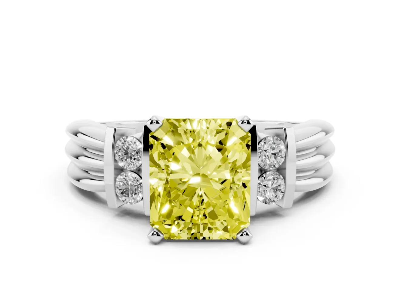 Fancy Yellow Three-Stone Radiant Cut Diamond Channel Set Ring Set in White gold with Bar Prongs