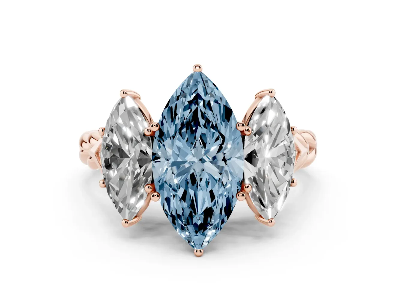 Fancy Blue Marquise Cut Diamond Three-Stone Ring Set in Rose gold with Braided Band