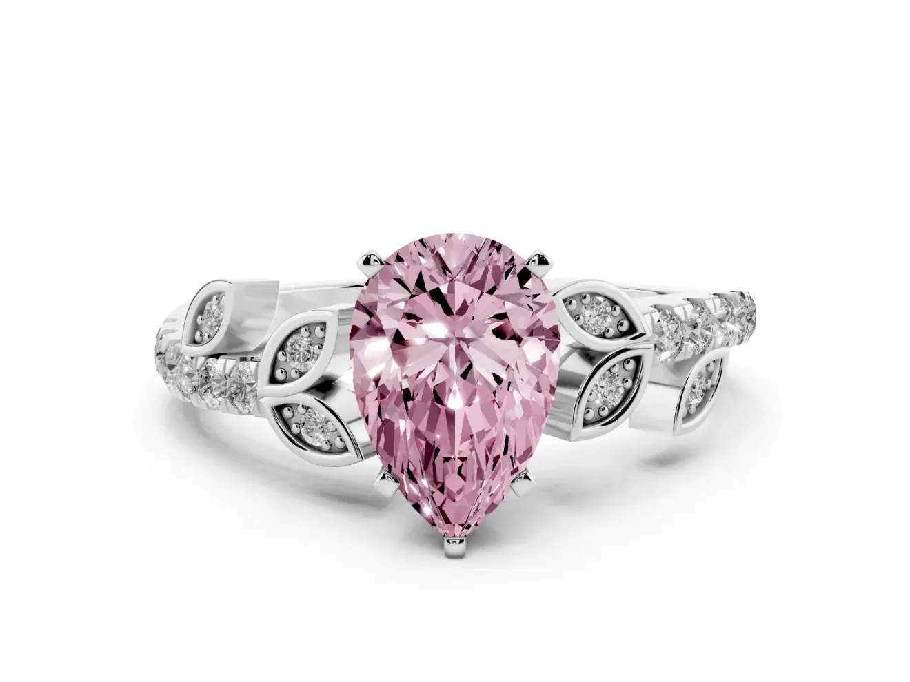 Fancy Pink Pear Cut Diamond Solitaire Leaf-Inspired Ring Set in Silver with Pavé Band and Prong Setting